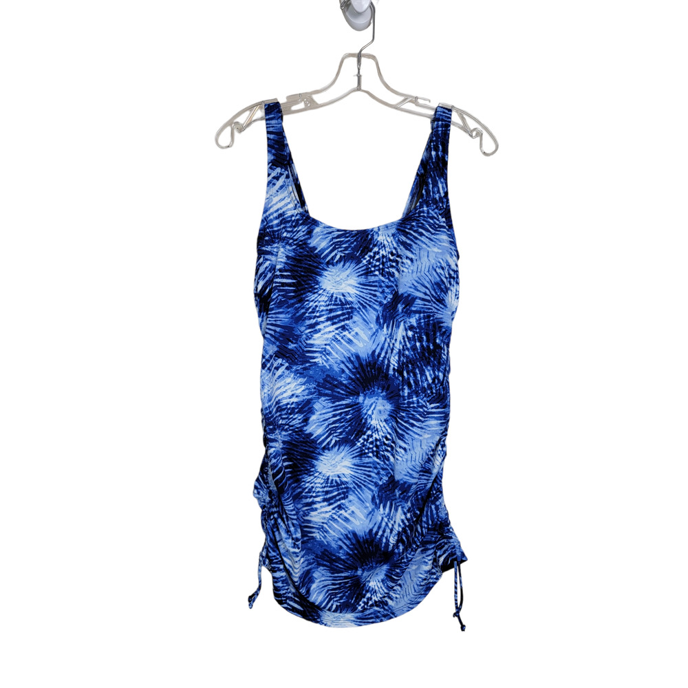 Lands' End Women's Scoop Neck Swim Dress Ruched Adjustable Straps Blue Sz 8